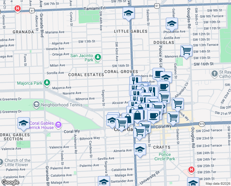 map of restaurants, bars, coffee shops, grocery stores, and more near 501 Minorca Avenue in Coral Gables