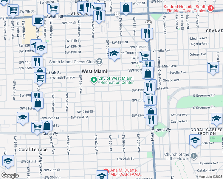 map of restaurants, bars, coffee shops, grocery stores, and more near 6041 Southwest 19th Street in Miami