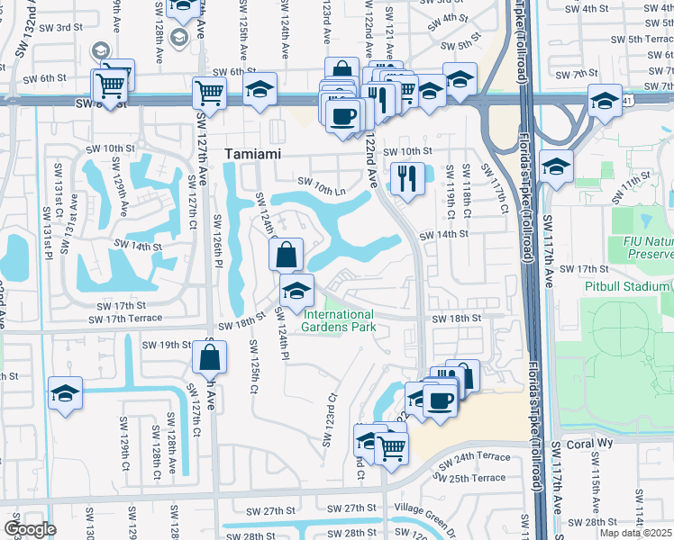 map of restaurants, bars, coffee shops, grocery stores, and more near 12345 Southwest 18th Street in Miami