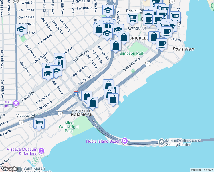 map of restaurants, bars, coffee shops, grocery stores, and more near 2135 South Miami Avenue in Miami