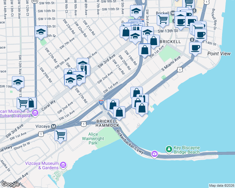 map of restaurants, bars, coffee shops, grocery stores, and more near 45 Southwest 24th Road in Miami