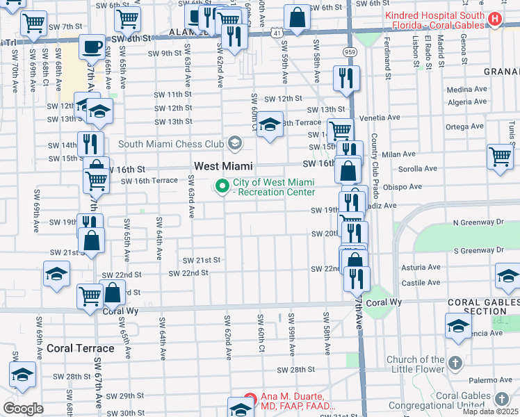 map of restaurants, bars, coffee shops, grocery stores, and more near 6041 Southwest 19th Street in Miami