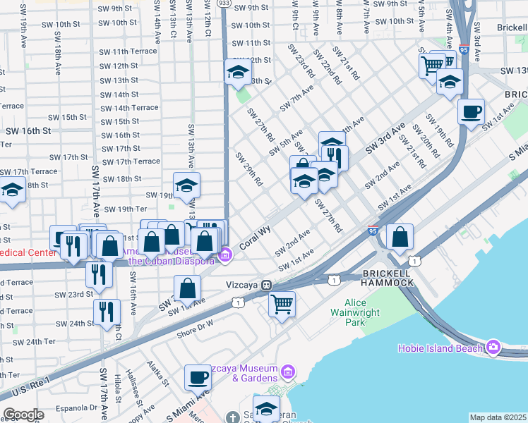 map of restaurants, bars, coffee shops, grocery stores, and more near 333 Southwest 30th Road in Miami