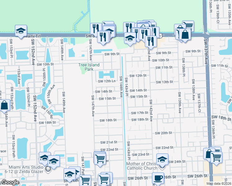 map of restaurants, bars, coffee shops, grocery stores, and more near 14463 Southwest 15th Street in Miami