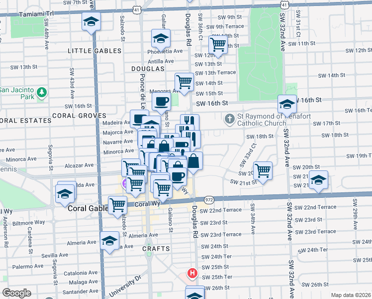 map of restaurants, bars, coffee shops, grocery stores, and more near 50 Minorca Avenue in Coral Gables