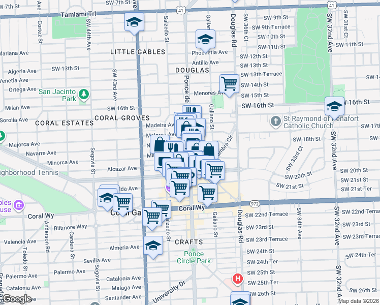 map of restaurants, bars, coffee shops, grocery stores, and more near 200 Minorca Avenue in Coral Gables