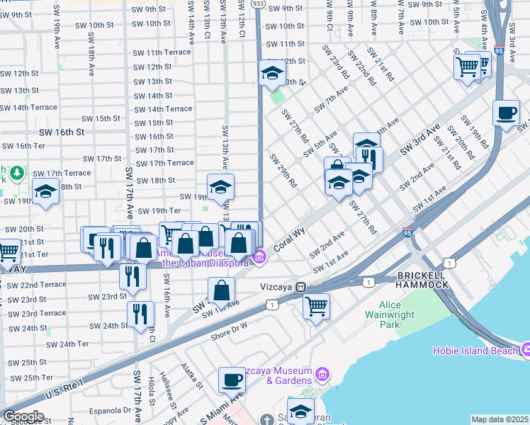 map of restaurants, bars, coffee shops, grocery stores, and more near 1951 Southwest 12th Avenue in Miami