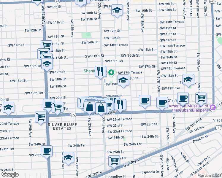map of restaurants, bars, coffee shops, grocery stores, and more near 2149 Southwest 19th Terrace in Miami