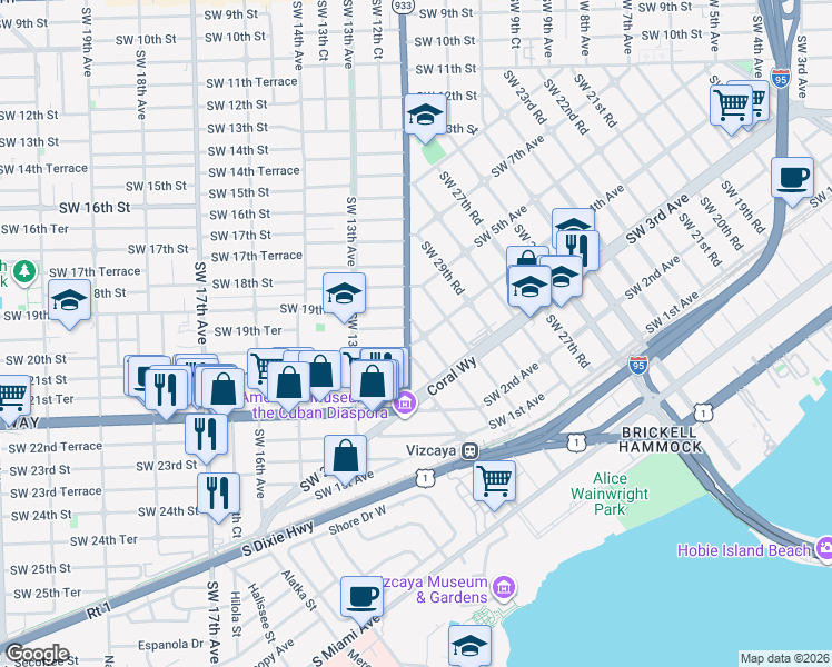map of restaurants, bars, coffee shops, grocery stores, and more near 1951 Southwest 12th Avenue in Miami