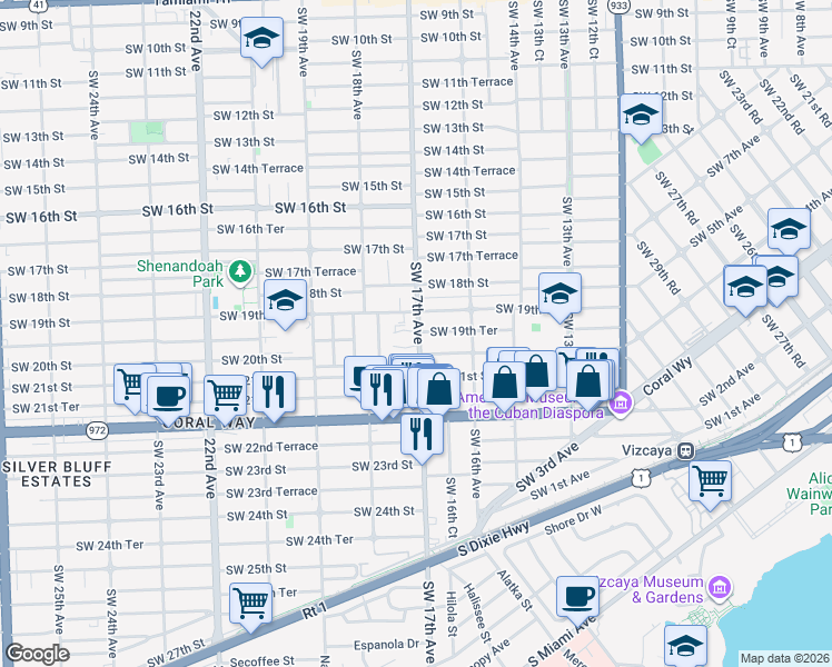 map of restaurants, bars, coffee shops, grocery stores, and more near 1640 Southwest 19th Terrace in Miami