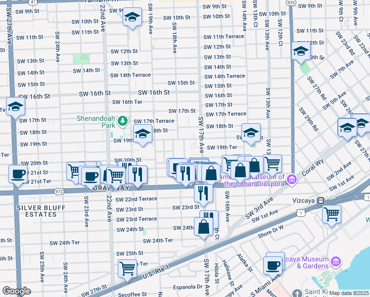 map of restaurants, bars, coffee shops, grocery stores, and more near 1910 Southwest 17th Avenue in Miami