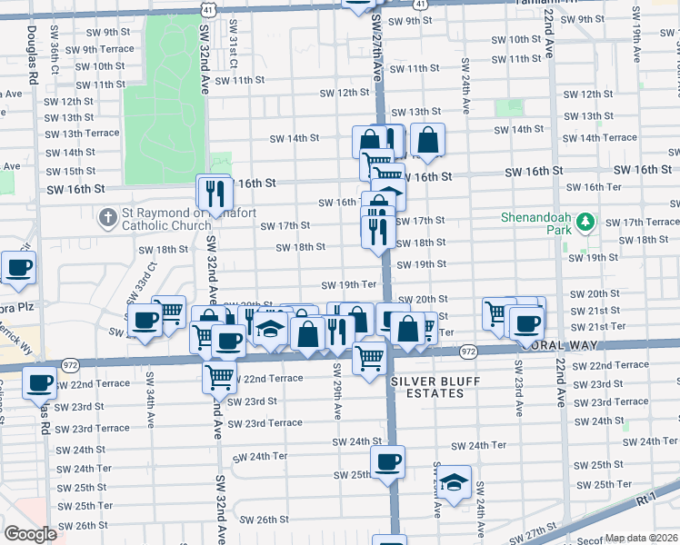 map of restaurants, bars, coffee shops, grocery stores, and more near 2925 Southwest 19th Terrace in Miami