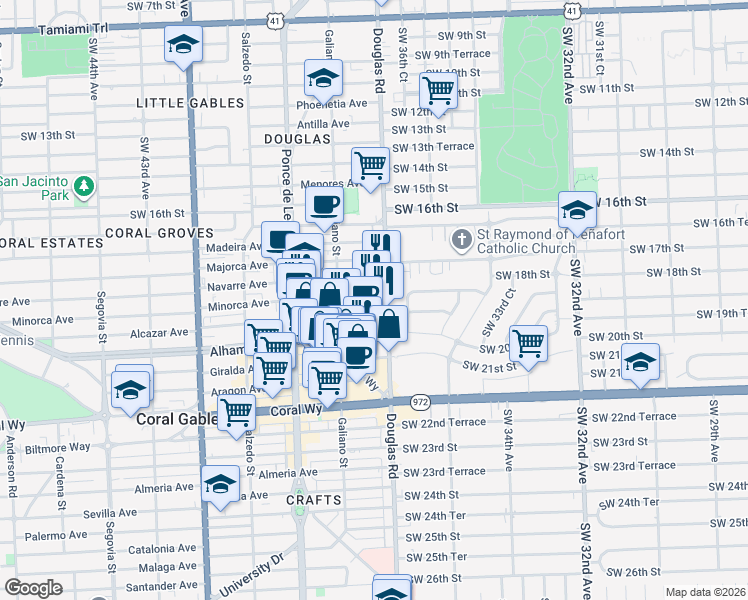map of restaurants, bars, coffee shops, grocery stores, and more near 50 Minorca Avenue in Coral Gables