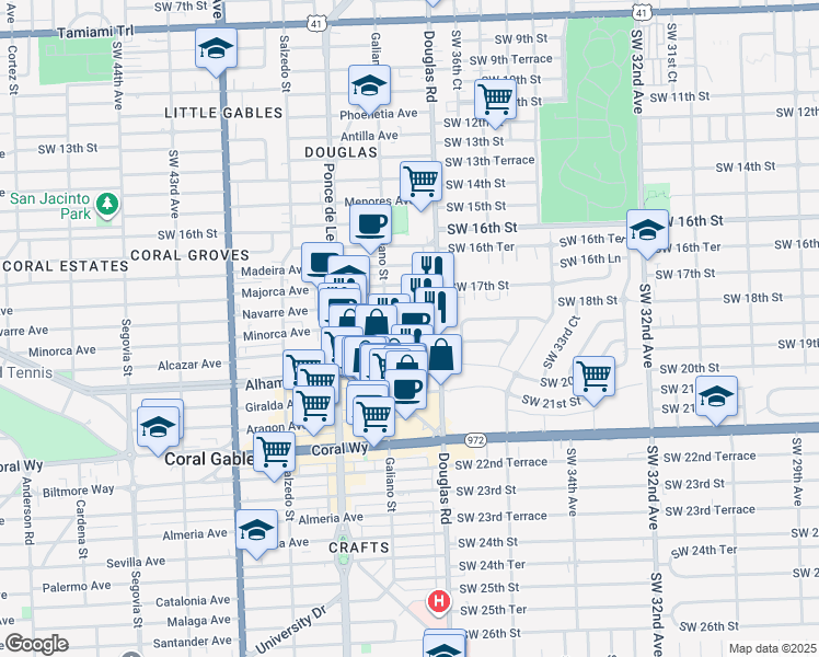 map of restaurants, bars, coffee shops, grocery stores, and more near 50 Minorca Avenue in Coral Gables