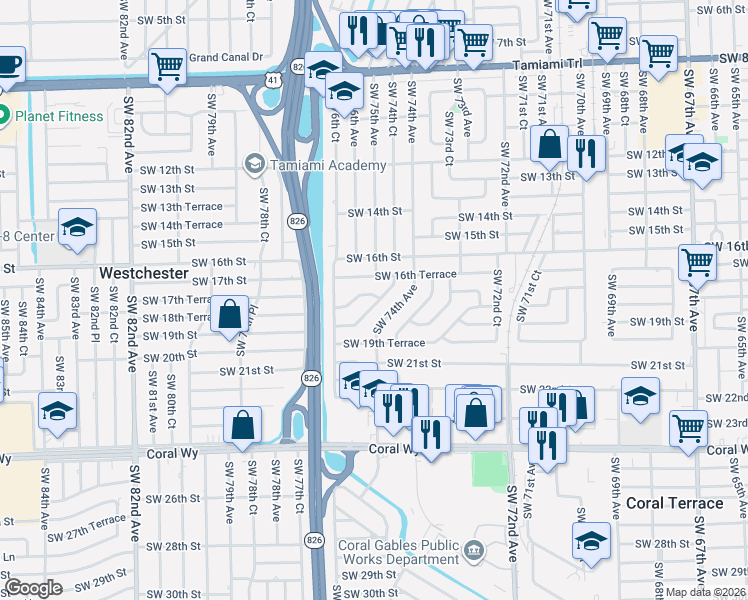 map of restaurants, bars, coffee shops, grocery stores, and more near 1820 Southwest 75th Avenue Road in Miami