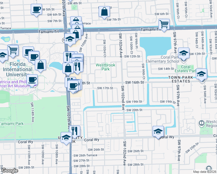 map of restaurants, bars, coffee shops, grocery stores, and more near 1700 Southwest 103rd Avenue in Miami