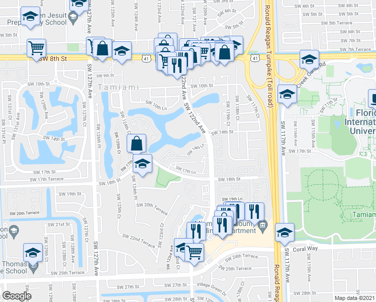 map of restaurants, bars, coffee shops, grocery stores, and more near 12239 Southwest 14th Lane in Miami