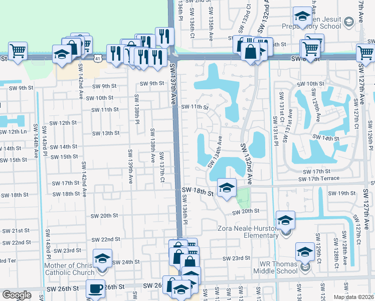 map of restaurants, bars, coffee shops, grocery stores, and more near 1467 Southwest 136th Place in Miami