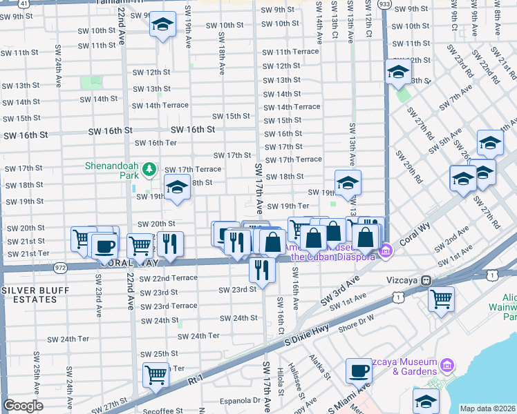 map of restaurants, bars, coffee shops, grocery stores, and more near 1640 Southwest 19th Terrace in Miami