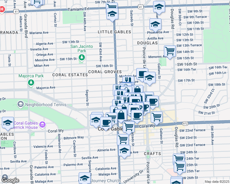 map of restaurants, bars, coffee shops, grocery stores, and more near 402 Navarre Avenue in Coral Gables