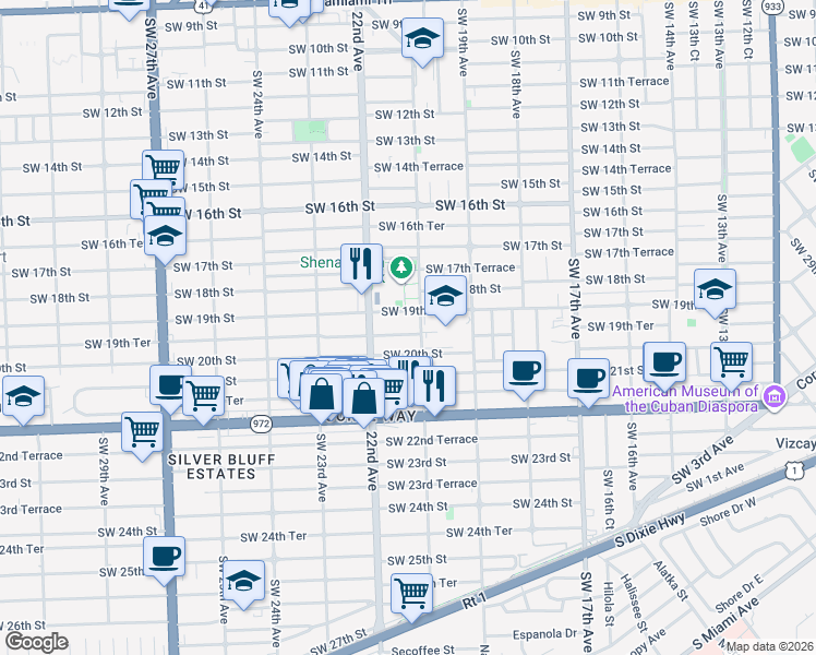 map of restaurants, bars, coffee shops, grocery stores, and more near 2149 Southwest 19th Terrace in Miami