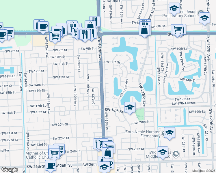map of restaurants, bars, coffee shops, grocery stores, and more near 1467 Southwest 136th Place in Miami