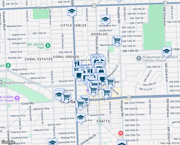 map of restaurants, bars, coffee shops, grocery stores, and more near 254 Minorca Avenue in Coral Gables