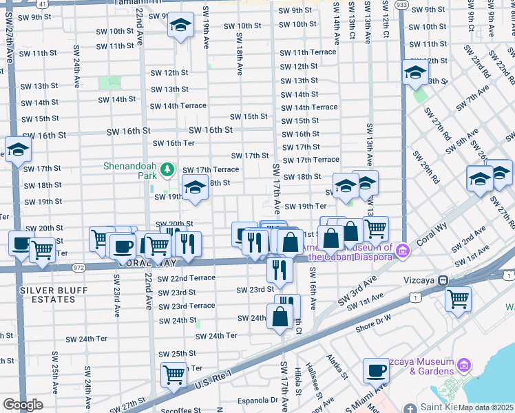 map of restaurants, bars, coffee shops, grocery stores, and more near 1933 Southwest 17th Court in Miami