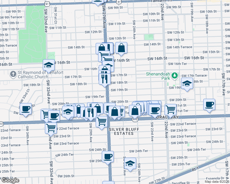 map of restaurants, bars, coffee shops, grocery stores, and more near 1933 Southwest 27th Avenue in Miami