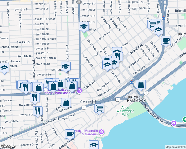 map of restaurants, bars, coffee shops, grocery stores, and more near 344 Southwest 30th Road in Miami