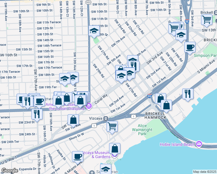 map of restaurants, bars, coffee shops, grocery stores, and more near in Miami