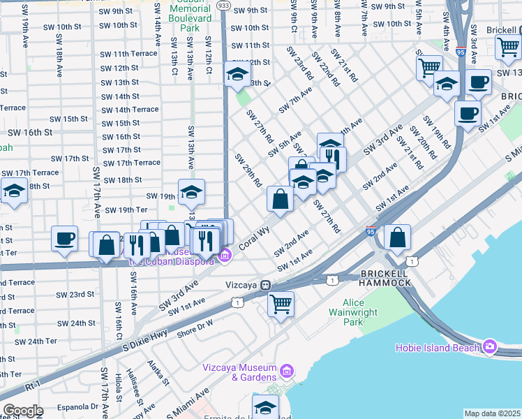 map of restaurants, bars, coffee shops, grocery stores, and more near 344 Southwest 30th Road in Miami