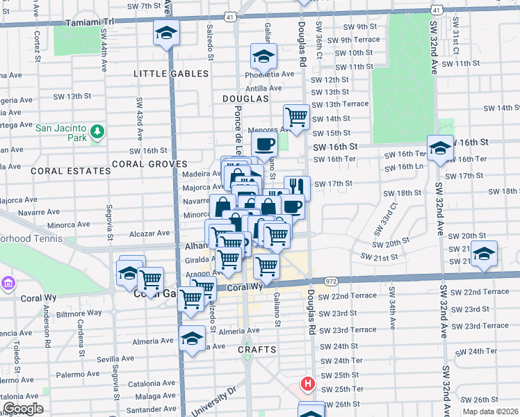 map of restaurants, bars, coffee shops, grocery stores, and more near 130 Minorca Avenue in Coral Gables