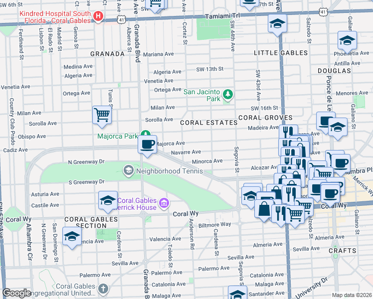 map of restaurants, bars, coffee shops, grocery stores, and more near 748 Navarre Avenue in Coral Gables