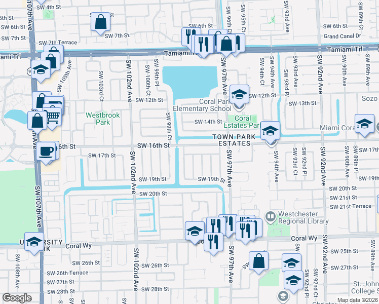 map of restaurants, bars, coffee shops, grocery stores, and more near 1630 Southwest 98th Court in Miami