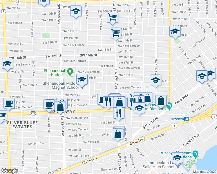 map of restaurants, bars, coffee shops, grocery stores, and more near 1910 Southwest 17th Avenue in Miami