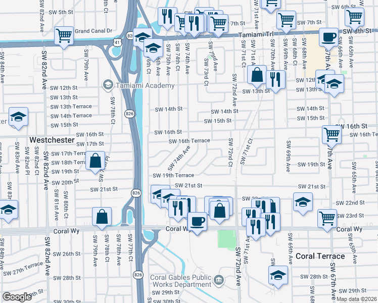 map of restaurants, bars, coffee shops, grocery stores, and more near 1831 Southwest 74th Avenue in Miami