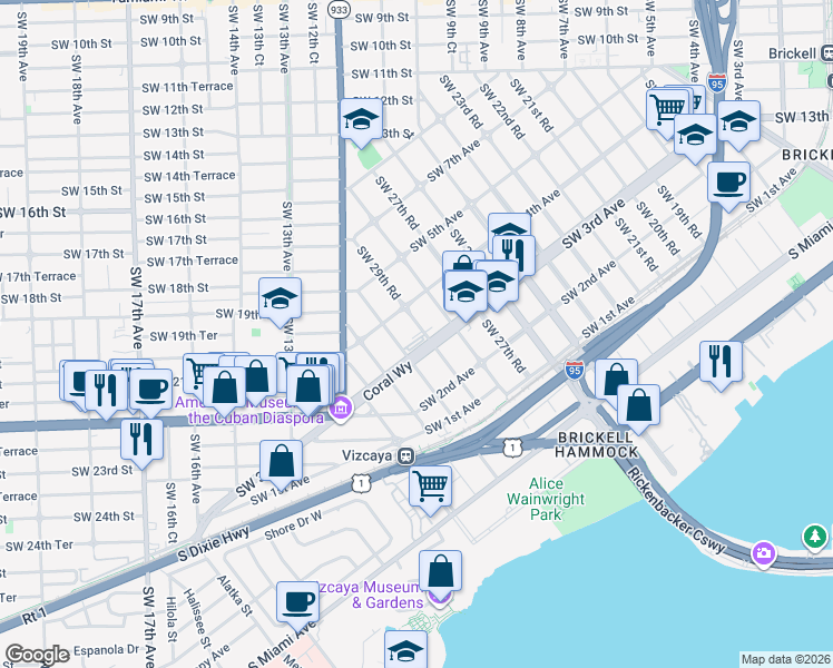 map of restaurants, bars, coffee shops, grocery stores, and more near in Miami