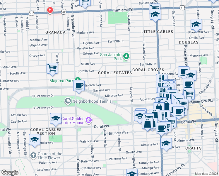 map of restaurants, bars, coffee shops, grocery stores, and more near 704 Navarre Avenue in Coral Gables