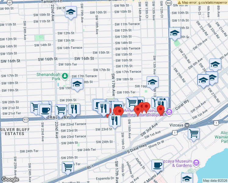 map of restaurants, bars, coffee shops, grocery stores, and more near 1640 Southwest 19th Terrace in Miami
