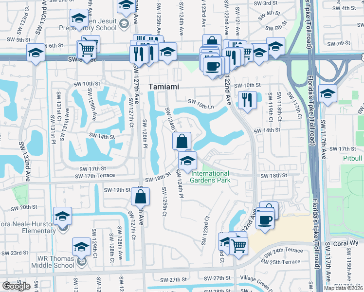 map of restaurants, bars, coffee shops, grocery stores, and more near 12463 Southwest 17th Lane in Miami