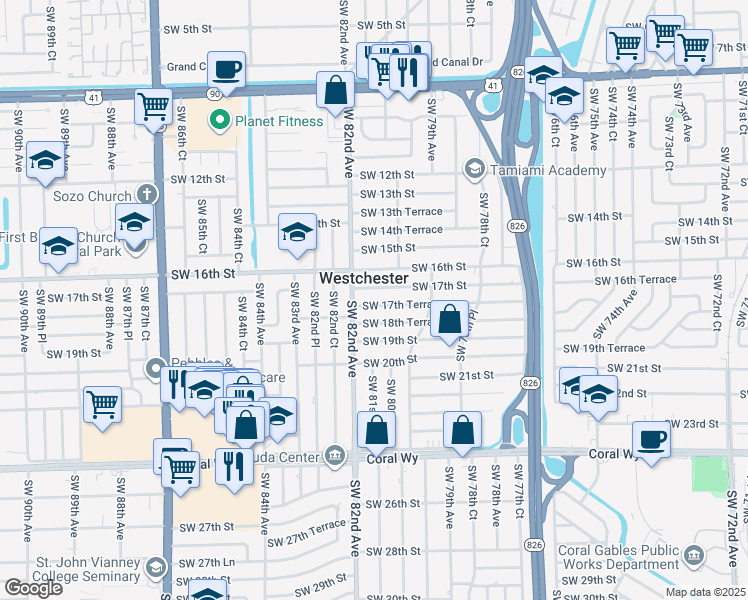 map of restaurants, bars, coffee shops, grocery stores, and more near 8020 Southwest 17th Terrace in Miami