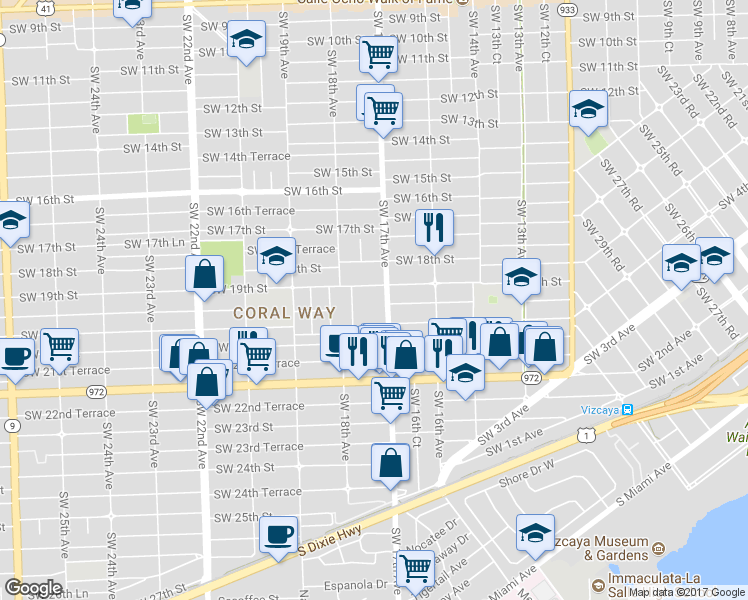 map of restaurants, bars, coffee shops, grocery stores, and more near 1904 Southwest 17th Avenue in Miami