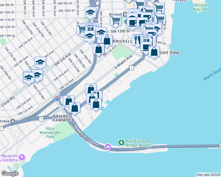 map of restaurants, bars, coffee shops, grocery stores, and more near 1915 Brickell Avenue in Miami