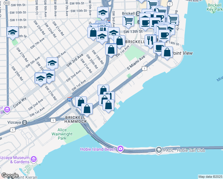 map of restaurants, bars, coffee shops, grocery stores, and more near 2025 Florida 5 in Miami