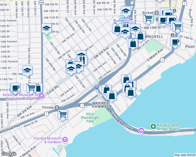 map of restaurants, bars, coffee shops, grocery stores, and more near 101 Southwest 25th Road in Miami