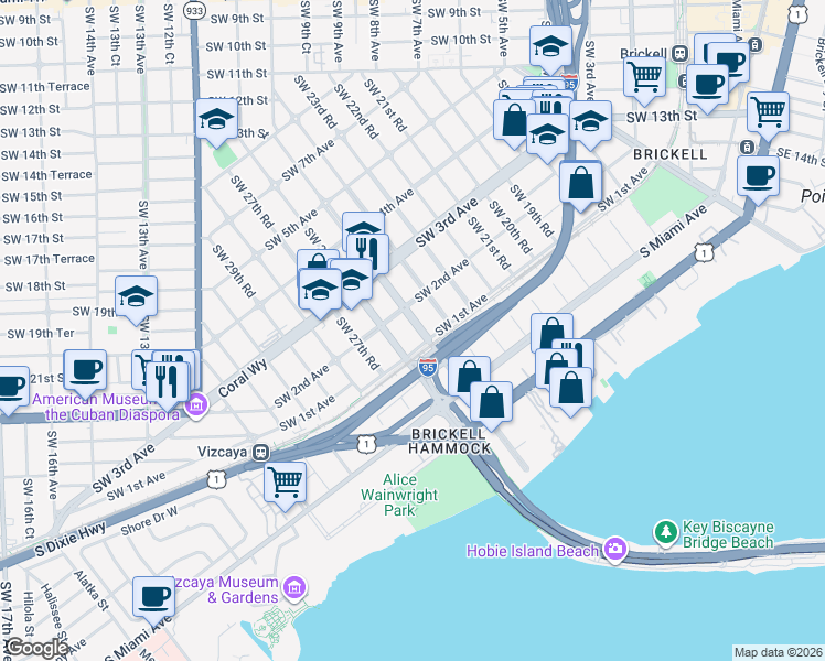 map of restaurants, bars, coffee shops, grocery stores, and more near 137 Southwest 26th Road in Miami