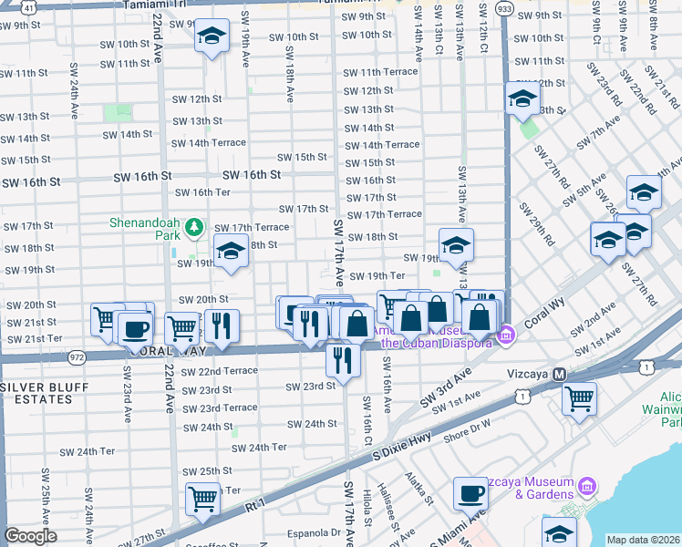map of restaurants, bars, coffee shops, grocery stores, and more near 1640 Southwest 19th Terrace in Miami