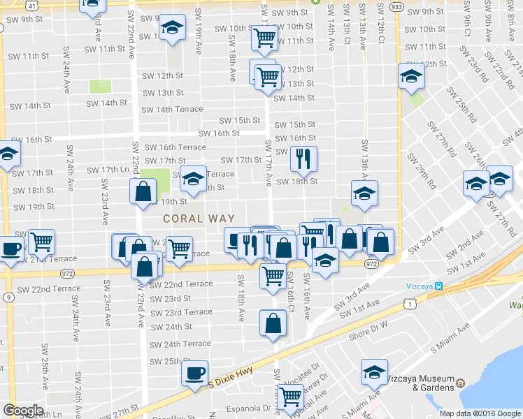 map of restaurants, bars, coffee shops, grocery stores, and more near 1910 Southwest 17th Avenue in Miami