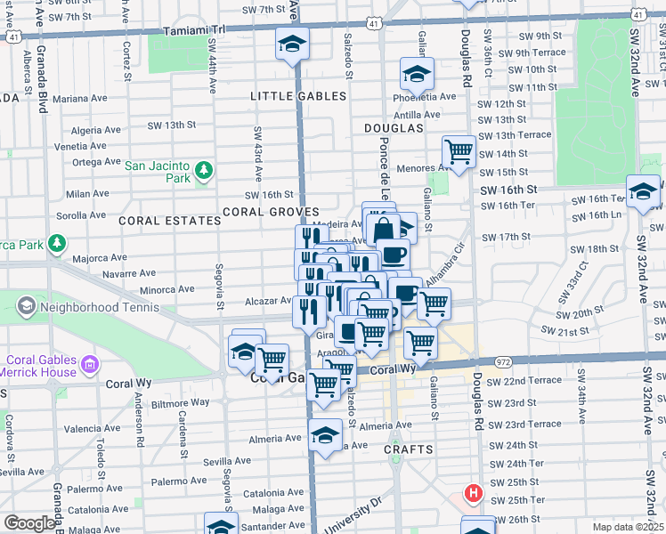 map of restaurants, bars, coffee shops, grocery stores, and more near 354 Minorca Avenue in Coral Gables